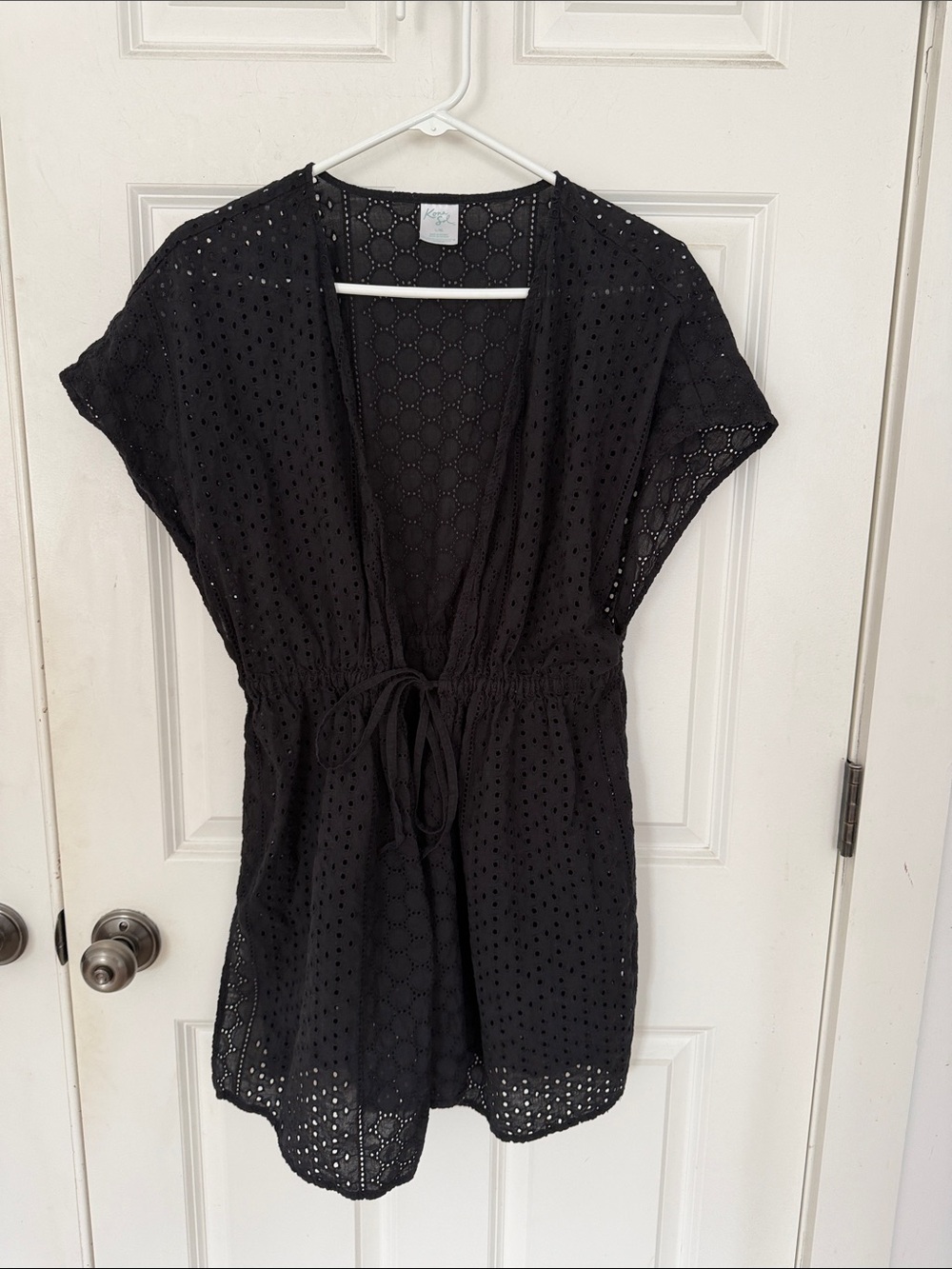 Kona Sol Black Eyelet Tunic Cover-Up size large/XL cotton tie beach dress